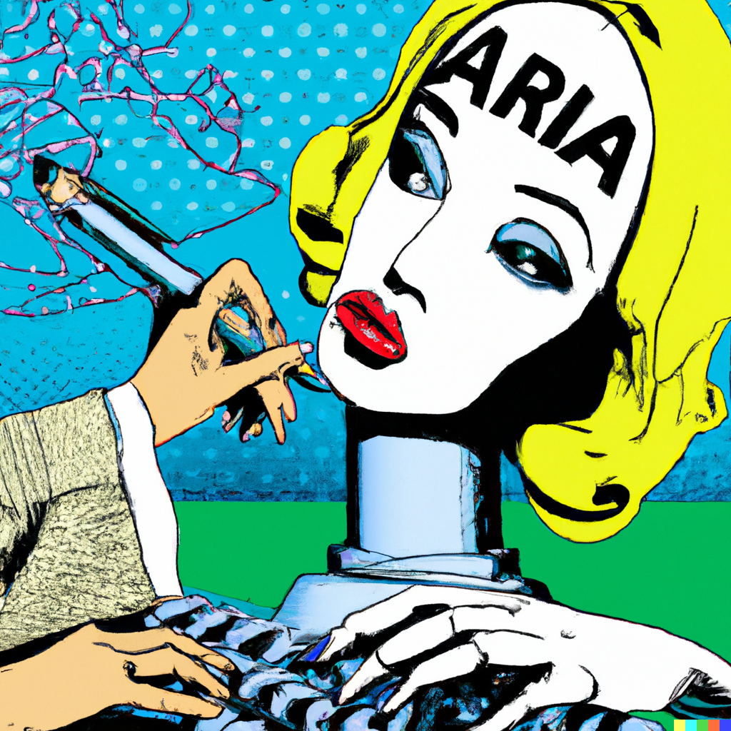 DALL-E a woman writing with an AI assistant in pop art, surrealist style